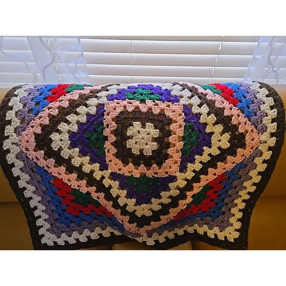 Vtg Handmade Granny‎ Square Crochet Afghan Blanket 30x29 Boho Multi-Color Retro